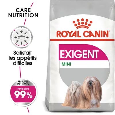 Sachet Royal Canin Exigent Mini, texte visible : Care Nutrition, Satisfait les appétits difficiles, Résultats prouvés, Préféré jusqu’à 99 %, image d’un petit chien à poil long. Sachet Royal Canin Exigent Mini, texte visible : Care Nutrition, Satisfait les appétits difficiles, Résultats prouvés, Préféré jusqu’à 99 %, image d’un petit chien à poil long.
