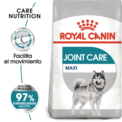 Royal Canin Joint Care Maxi, facilita el movimiento. Resultados probados: 97 % de propietarios satisfechos después de 28 días. Imagen de perro grande en el envase.
