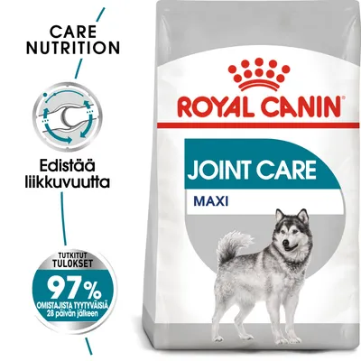 Royal Canin Joint Care Maxi -koiranruokapakkaus, tekstit: Edistää liikkuvuutta, tutkitut tulokset 97 % omistajista tyytyväisiä 28 päivän jälkeen, kuvassa iso koira