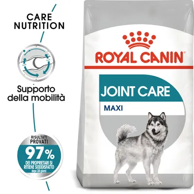 Royal Canin Joint Care Maxi, supporto della mobilità, risultati provati: 97% dei proprietari si ritiene soddisfatto dopo 28 giorni, immagine di un cane su confezione.