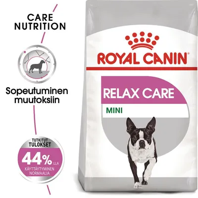 Royal Canin Relax Care Mini -koiranruokapakkaus, tekstit: Sopeutuminen muutoksiin, tutkitut tulokset 44 %:lla käyttäytyminen normaalia, Care Nutrition, kuva koirasta