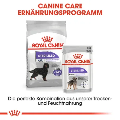 Royal Canin Sterilised suha i mokra hrana. Canine Care prehrambeni program, -14% kalorija. Savršena kombinacija za upravljanje težinom steriliziranih pasa.