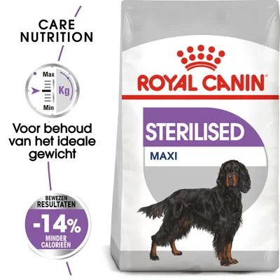 Royal Canin Sterilised Maxi hondenvoer, tekst: Voor behoud van het ideale gewicht, bewezen resultaten -14% minder calorieën, Care Nutrition, afbeelding van een hond op de verpakking.