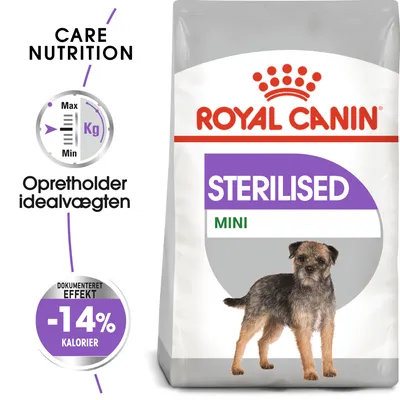 ROYAL CANIN STERILISED MINI hundefoder. Tekst: Care Nutrition, Opretholder idealvægten, Dokumenteret effekt -14 % kalorier. Billede af lille hund på posen.