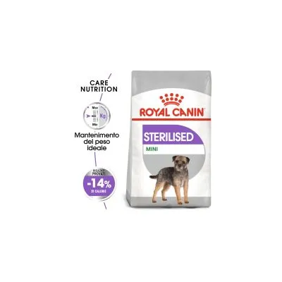 Royal Canin Sterilised Mini, mantenimento del peso ideale, -14% di calorie rispetto al prodotto standard, immagine di cane di piccola taglia sulla confezione.
