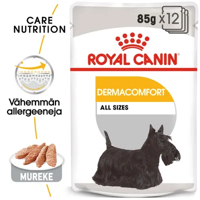 Royal Canin Dermacomfort All Sizes koiran märkäruoka, 85 g x12. Vähemmän allergeeneja. Mureke. Musta terrieri pakkauksessa.