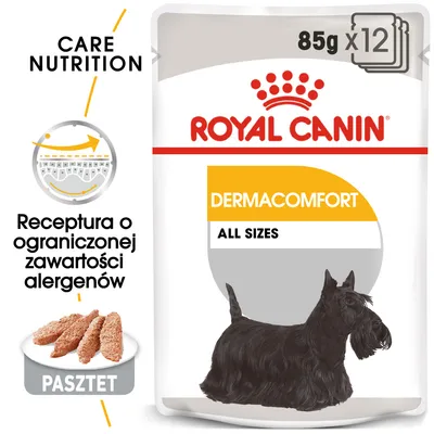 ROYAL CANIN DERMACOMFORT ALL SIZES, 85 g x12, pasztet. Receptura o ograniczonej zawartości alergenów. Care Nutrition. Opakowanie z czarnym psem rasy szkocki terier.