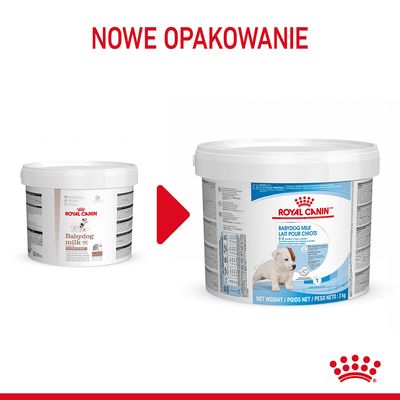 Royal Canin Babydog Milk – porównanie starego i nowego opakowania produktu dla szczeniąt, widoczne napisy: NOWE OPAKOWANIE, Babydog milk, BABYDOG MILK LAIT POUR CHIOTS.
