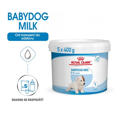 ROYAL CANIN BABYDOG MILK 0–2 months, 5×400 g. Od narození do odstavu. Snadno se rozpouští. Balení s obrázkem štěněte a ikonami přípravy.