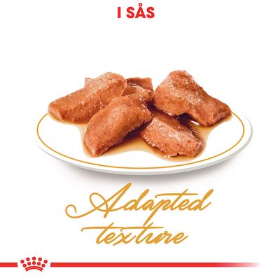 Tallrik med bitar av våtfoder i sås. Text: I SÅS, Adapted texture.