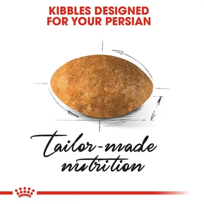 KIBBLES DESIGNED FOR YOUR PERSIAN, tailor-made nutrition (κείμενο στα αγγλικά) με εικόνα κροκέτας σε λευκό φόντο.