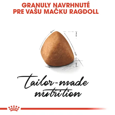 Granuly navrhnuté pre vašu mačku Ragdoll. tailor-made nutrition (text v angličtine). Zobrazený tvar granule.