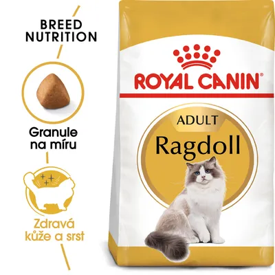 ROYAL CANIN ADULT Ragdoll, obrázek granule, text: Granule na míru, Zdravá kůže a srst, BREED NUTRITION, balení s obrázkem kočky ragdoll.