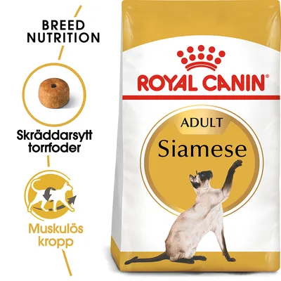 Royal Canin Adult Siamese torrfoder, text: Skräddarsytt torrfoder, Muskulös kropp, bild på foderbit och siameskatt. Texten BREED NUTRITION syns till vänster.