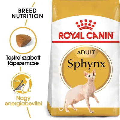 Royal Canin Adult Sphynx macskatáp csomagolás, testre szabott tápszemcse, nagy energiabevitel feliratokkal, Sphynx macska képe a zacskón.