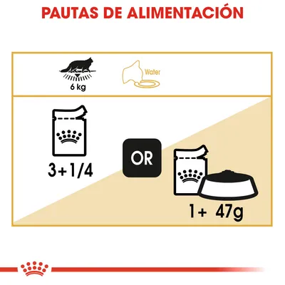 Pautas de alimentación para gato de 6 kg: 3 y 1/4 sobres o 1 sobre más 47 g de pienso. Incluye icono de agua.