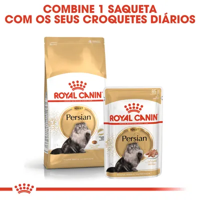 ROYAL CANIN Persian Adult. Embalagem de ração seca e saqueta de alimento húmido para gatos persas. Texto: Combine 1 saqueta com os seus croquetes diários.