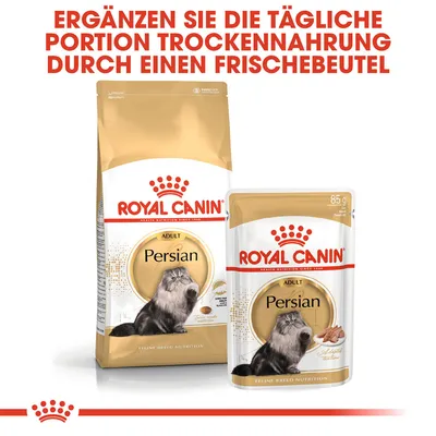 ROYAL CANIN Persian Adult, sac de croquettes et sachet fraîcheur 85 g. Texte en haut de l’image en allemand : Ergänzen Sie die tägliche Portion Trockennahrung durch einen Frischebeutel.