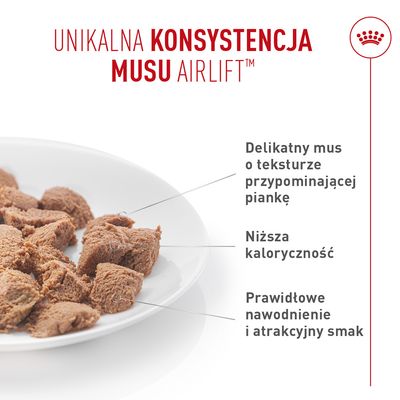 Talerz z kawałkami musu. Tekst: Unikalna konsystencja musu Airlift, delikatna musowa tekstura, niższa zawartość kalorii, odpowiednie nawodnienie oraz atrakcyjny smak.