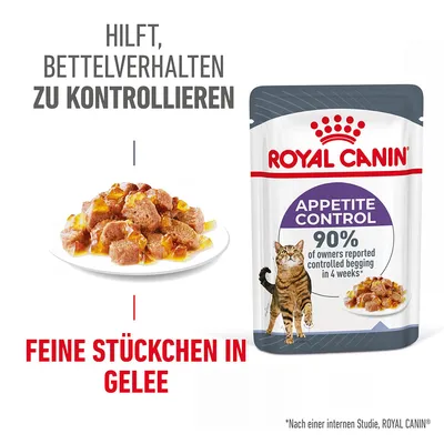 Sachet Royal Canin Appetite Control, texte anglais : 90% of owners reported controlled begging in 4 weeks. Texte allemand : Feine Stückchen in Gelee. Assiette de bouchées en gelée et chat visible.