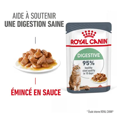 ROYAL CANIN DIGESTIVE, émincé en sauce pour chat. Texte visible : aide à soutenir une digestion saine, 95 % healthy stool quality in 10 days*. Étude interne ROYAL CANIN.
