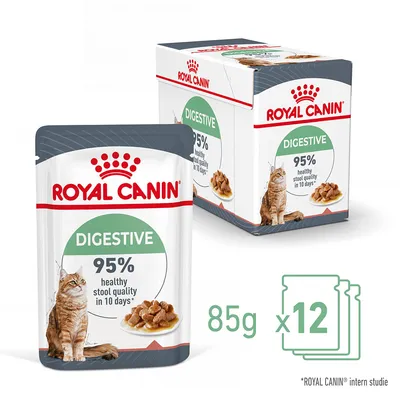 ROYAL CANIN Digestive våtfoder för katt, 85 g x 12. Text: 95% healthy stool quality in 10 days*. Bild på portionspåse och kartong med katt och foderbitar. *ROYAL CANIN intern studie.