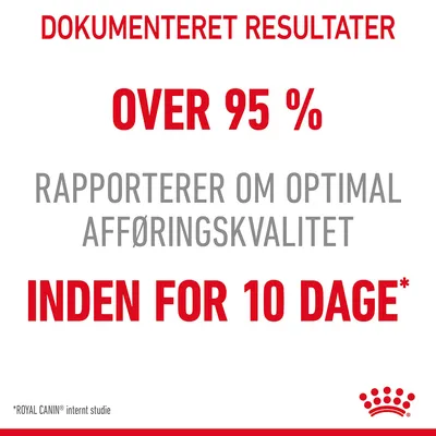 DOKUMENTERET RESULTATER OVER 95 % RAPPORTERER OM OPTIMAL AFFØRINGSKVALITET INDEN FOR 10 DAGE* *ROYAL CANIN internt studie