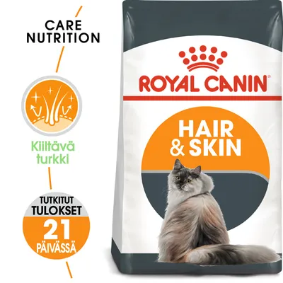 Royal Canin Hair & Skin kissanruoka, pakkauksessa pitkäkarvainen kissa. Tekstit: Kiiltävä turkki, tutkitut tulokset 21 päivässä, CARE NUTRITION.