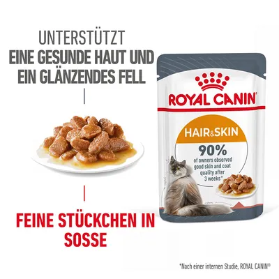 Royal Canin Hair & Skin. Поддерживает здоровую кожу и блестящую шерсть. Мелкие кусочки в соусе. 90% владельцев отметили улучшение качества кожи и шерсти через 3 недели.
