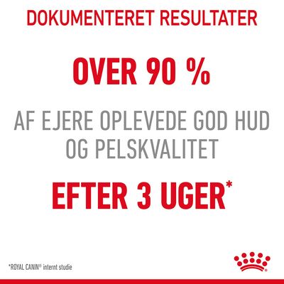 Dokumenteret resultater: Over 90 % af ejere oplevede god hud og pels kvalitet efter 3 uger. *ROYAL CANIN intern studie