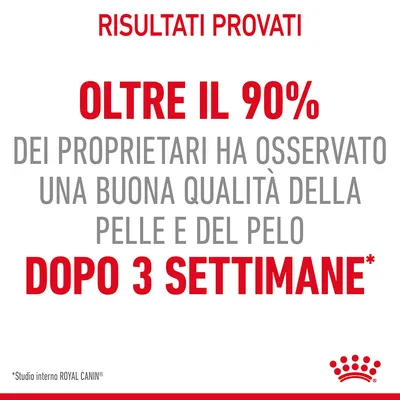 Risultati provati: oltre il 90% dei proprietari ha osservato una buona qualità della pelle e del pelo dopo 3 settimane. Studio interno ROYAL CANIN.
