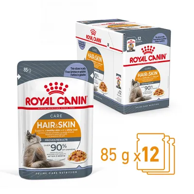 Royal Canin Hair & Skin, 12 saszetek po 85 g. Widoczne opakowanie zbiorcze i pojedyncza saszetka z wizerunkiem kota oraz informacją: ponad 90% właścicieli potwierdza skuteczność.