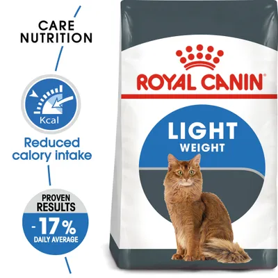 Royal Canin LIGHT WEIGHT kattefoder, tekst: Reduced calorie intake, Proven results -17% daily average, billede af kat og foderpose. Care Nutrition står øverst til venstre.