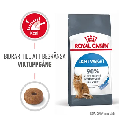 ROYAL CANIN Light Weight kattfoderförpackning, text: 'Bidrar till att begränsa viktuppgång', '90% of cats achieved healthier weight in 8 weeks', bild på foderbit och katt.