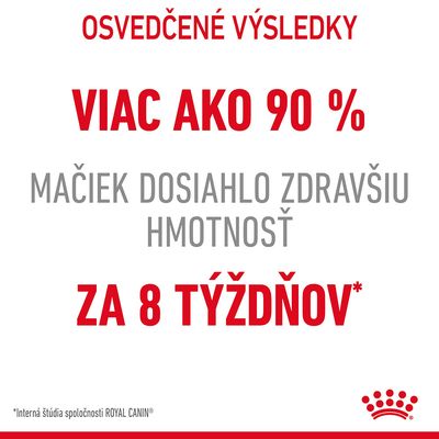 Osvědčené výsledky: viac ako 90 % mačiek dosiahlo zdravšiu hmotnosť za 8 týždňov. Interná štúdia spoločnosti Royal Canin.