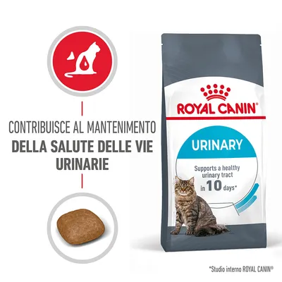 ROYAL CANIN URINARY, confezione con gatto, scritta: contribuisce al mantenimento della salute delle vie urinarie. Crocchetta visibile. Testo in inglese: supports a healthy urinary tract in 10 days.