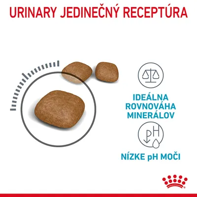 URINARY JEDINEČNÝ RECEPTÚRA, granule, IDEÁLNA ROVNOVÁHA MINERÁLOV, NÍZKE pH MOČI, Royal Canin. Zobrazené sú tri granule a ikony rovnováhy a pH.