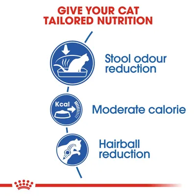 GIVE YOUR CAT TAILORED NUTRITION. Stool odour reduction. Moderate calorie. Hairball reduction. Tekst på engelsk.