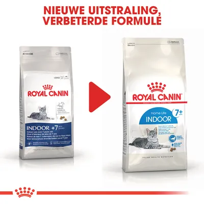 Royal Canin Indoor 7+ kattenvoer, oude en nieuwe verpakking naast elkaar. Bovenaan: 'Nieuwe uitstraling, verbeterde formule'. Beide verpakkingen tonen een kat en productnaam.