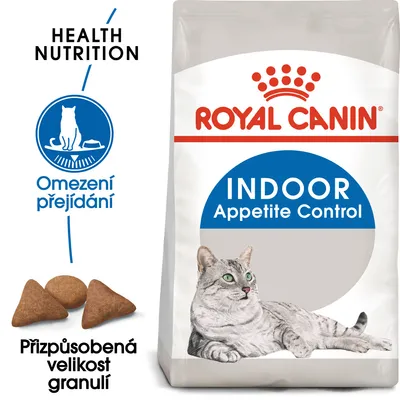 Royal Canin INDOOR Appetite Control, obrázek balení s ležící kočkou, text: Health Nutrition, Omezení přejídání, Přizpůsobená velikost granulí, zobrazené granule.
