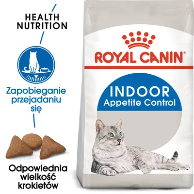Opakowanie Royal Canin Indoor Appetite Control, widoczny kot, tekst: Health Nutrition, Zapobieganie przejadaniu się, Odpowiednia wielkość krokietów, ilustracja krokietów. Opakowanie Royal Canin Indoor Appetite Control, widoczny kot, tekst: Health Nutrition, Zapobieganie przejadaniu się, Odpowiednia wielkość krokietów, ilustracja krokietów.