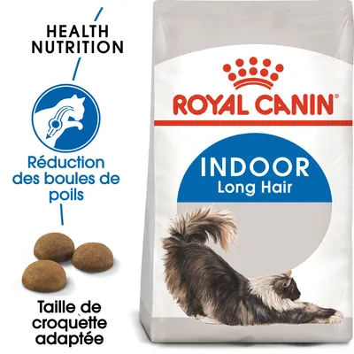 ROYAL CANIN INDOOR Long Hair, réduction des boules de poils, taille de croquette adaptée, Health Nutrition, image d’un chat à poil long et croquettes visibles sur l’emballage.