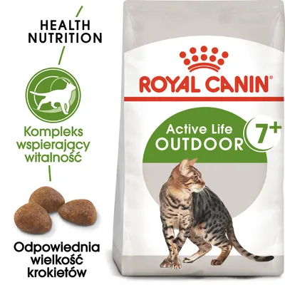 Royal Canin Active Life Outdoor 7+, kompleks wspierający witalność, odpowiednia wielkość krokietów, widoczny kot na opakowaniu. Health Nutrition.