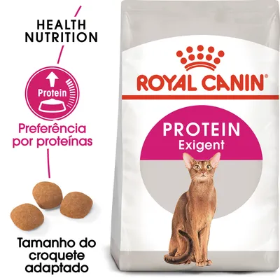 Royal Canin Protein Exigent, preferência por proteínas, tamanho do croquete adaptado. Embalagem de ração para gatos com imagem de um gato e croquetes visíveis.