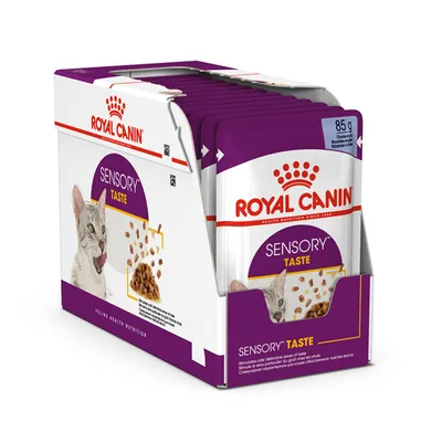 Royal Canin Sensory Taste våtfoder för katt, 85 g portionspåsar i kartongförpackning. Synlig text: 'SENSORY TASTE', bild på katt och foderbitar.