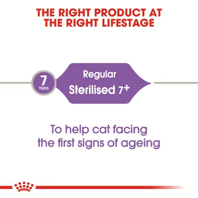 Текст на английском: The right product at the right lifestage. 7 Years Regular Sterilised 7+. To help cat facing the first signs of ageing.