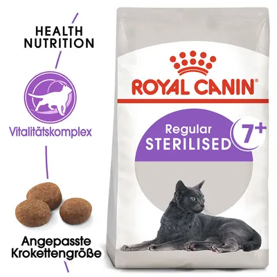 Royal Canin Regular Sterilised 7+ Katzenfutter mit Vitalitätskomplex, angepasste Krokettengrösse. Health Nutrition für sterilisierte Katzen ab 7 Jahren.