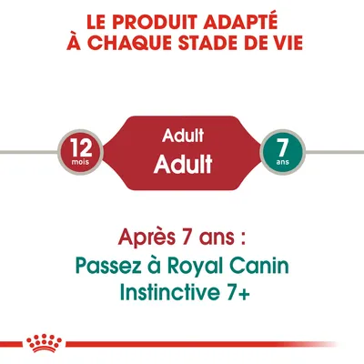 Le produit adapté à chaque stade de vie. 12 mois Adult, 7 ans. Après 7 ans : Passez à Royal Canin Instinctive 7+.