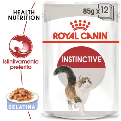 Royal Canin Instinctive 85g x12, alimento per gatti in gelatina. Testi visibili: Health Nutrition, Istintivamente preferito, GELATINA.