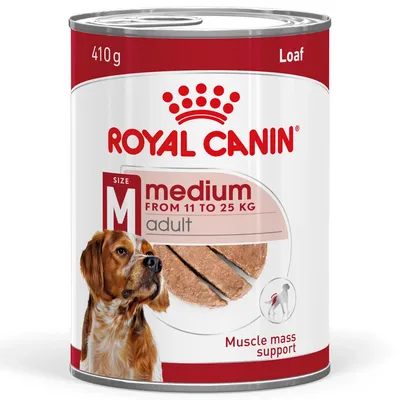 Royal Canin medium adult hondenvoer, 410 g blik. Voor honden van 11 tot 25 kg. Muscle mass support. Loaf. Hond en voer zichtbaar op verpakking. Royal Canin medium adult hondenvoer, 410 g blik. Voor honden van 11 tot 25 kg. Muscle mass support. Loaf. Hond en voer zichtbaar op verpakking.